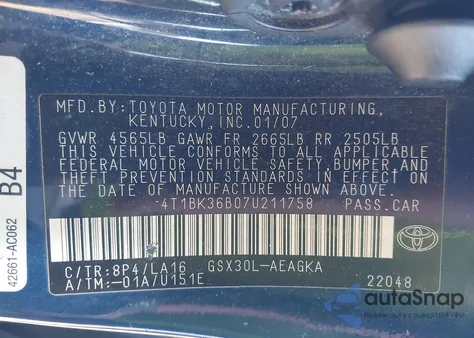 2007 Toyota Avalon Xls z USA, uszkodzony, nr VIN 4T1BK36B07U211758